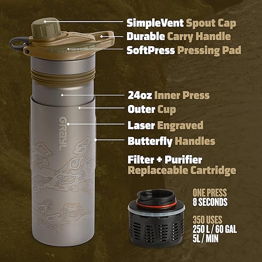 GRAYL GeoPress Titanium 24 oz Water Purifier Bottle with Cooking Lid - Filter for Hiking, Camping, Survival, Travel (Coyote Brown)