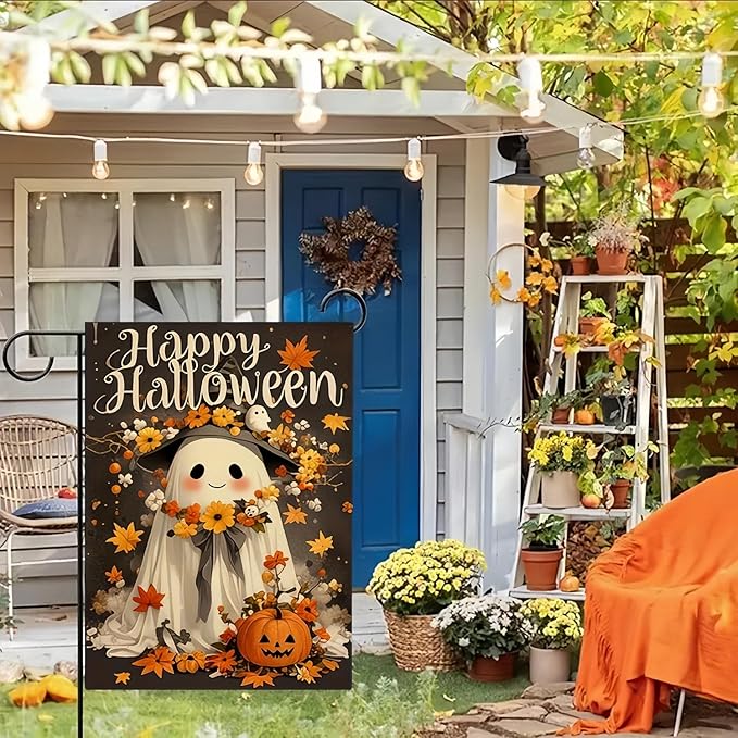 Happy Halloween Garden Flag 12X18 Inch Double Side,Cute Pumpkin Ghost Yard Flag, Jack O Lantern Small Garden Flag,Yard Outdoor Flag for Holiday Outside Patio Lawn Decoration