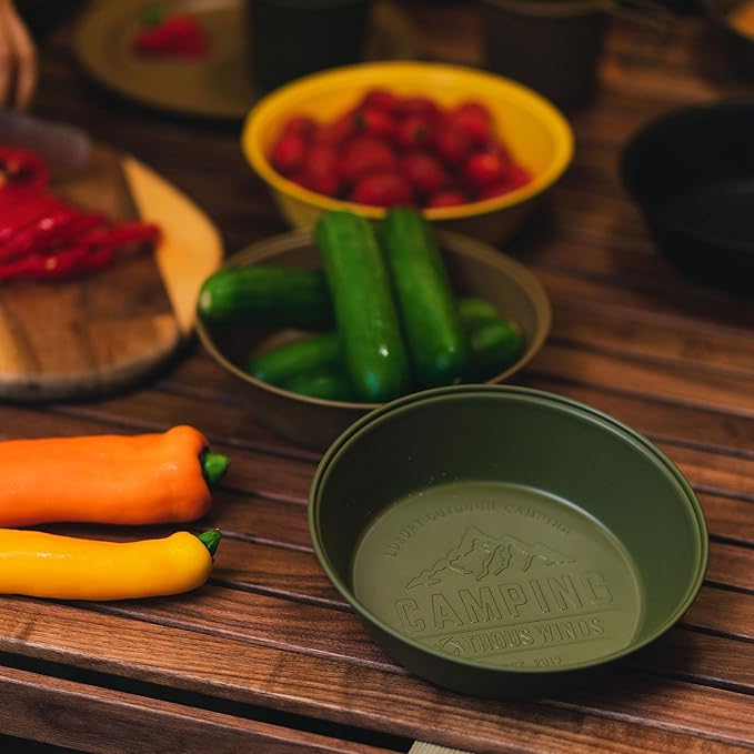 Camping Plates 2pcs Set, Stainless Steel Deep Round Plates, Insulated Dinnerware Cookware, Olive Green