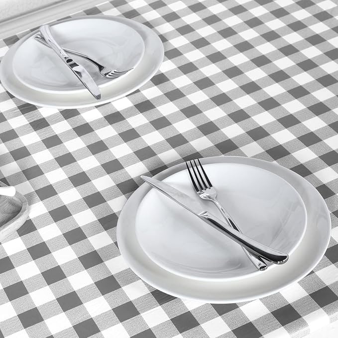 Fitable Checkered Picnic Table Cover Waterproof Vinyl Fitted Table Cover Flannel Backing Outdoor Indoor Tablecloth 30"x96" for Picnic, Travel, Holiday, Party, Folding Table, Silver Grey