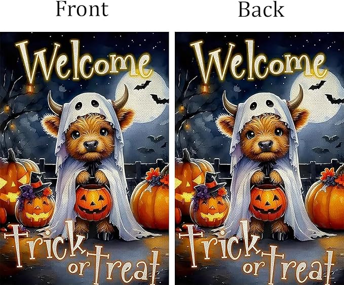 Halloween Garden Flag for Outside 12x18 Inch Double Sided, Cow Pumpkin Small Yard Flags for Outside, Outdoor Welcome Flag Front Porch Decorations for Home