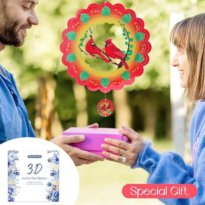 Cardinal Wind Spinners Gift for Women Men, 12 Inch Outdoor Metal 3D Wind Spinner Garden Yard Decor, Hanging Wind Catchers Stainless Steel Kinetic Sculpture for Outside Decoration