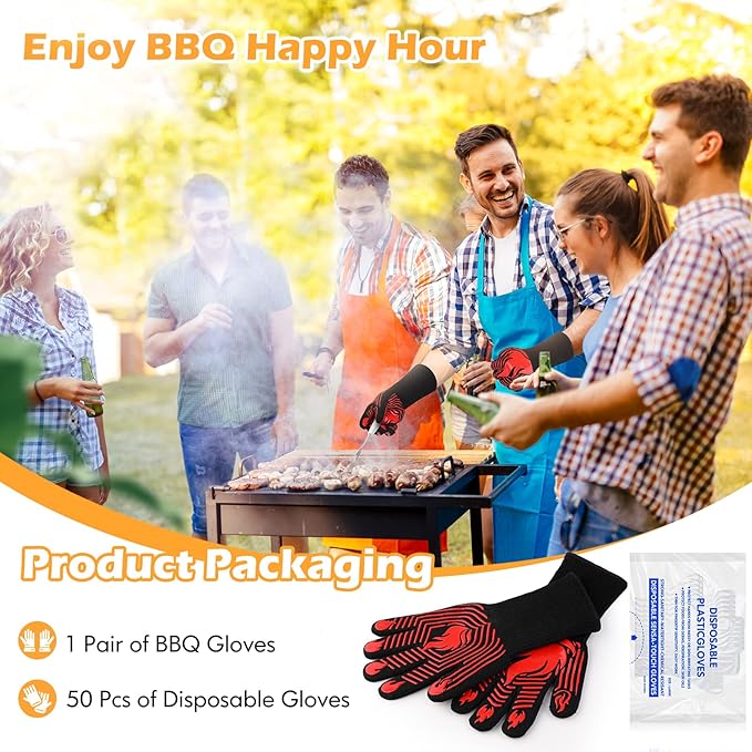 BBQ Gloves, 1472°F Heat Resistant Gloves Fireproof Mitts,Grilling Gloves Silicone Non-Slip Washable Oven Gloves, Kitchen Gloves for Barbecue, Grilling, Cooking, Baking, Camping, Smoker (Red)