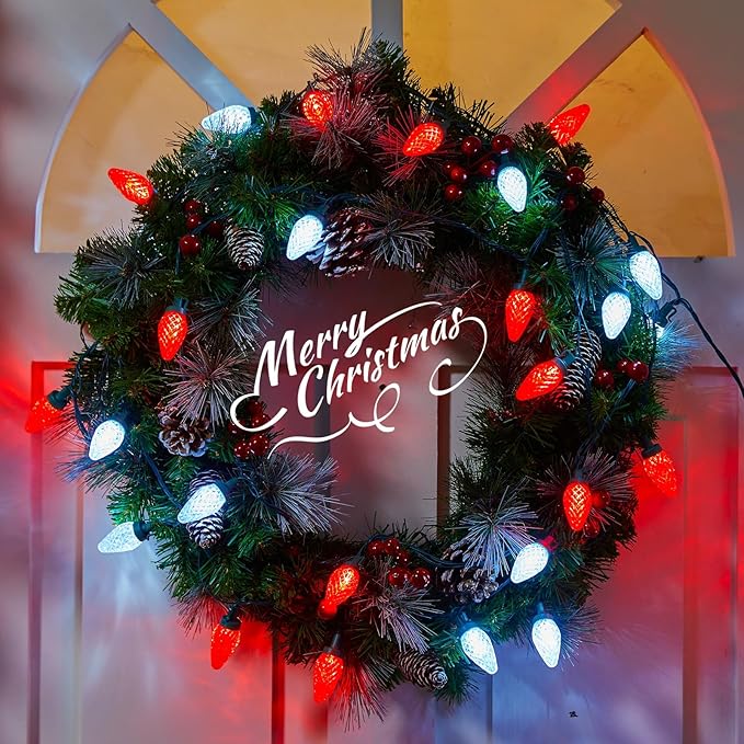 C9 LED Christmas String Lights - 82ft 100 LED Outdoor String Lights with Timer and 8 Lighting Modes, Plug in Extendable Roofline Lights String for Outside Yard Porch Christmas Holiday Decoration