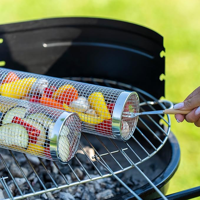 2PCS Rolling Grill Baskets for Outdoor Grill, Big Green Egg Accessories-Set Includes Fork, Hook, and Oil Brush-304g Stainless Steel-Perfect Gifts for Dad, Camping Must Haves, Unique Outdoor Gifts