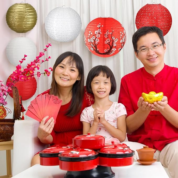 14Pcs Chinese Japanese Paper Lantern Assorted Sizes (8" 10" 12") Hanging Plum Blossom Red White Gold Chinese Lanterns for Chinese New Year Decorations, Lunar New Year, Spring Festival, Home Decor