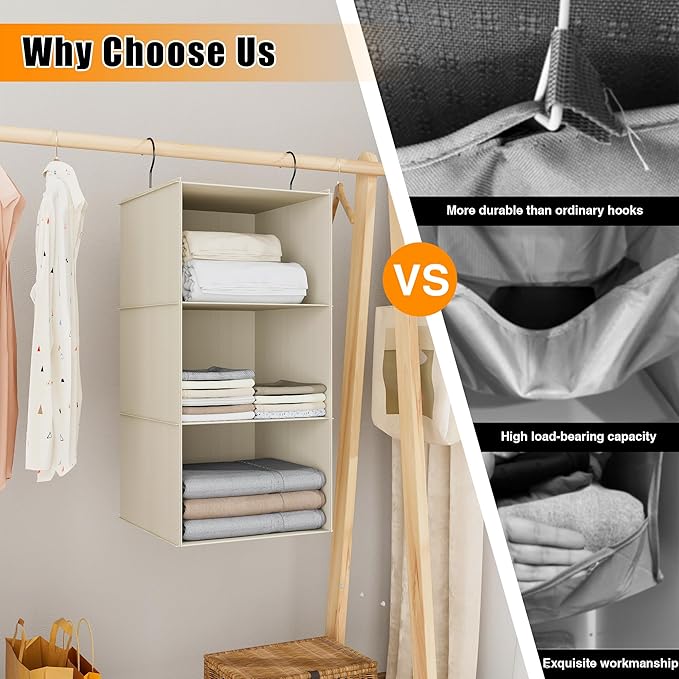 Hanging Closet Organizer and Storage 3-Shelf, Easy Mount Foldable Hanging Closet Wardrobe Storage Shelves, Clothes Handbag Shoes Accessories Storage, Washable Oxford Cloth Fabric, Beige
