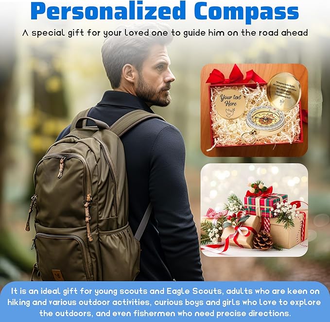 Custom Engraved Compass Keychain - Personalized Brass Compass with Luminous Function, Waterproof Survival Tool for Hiking Camping Graduation Gifts