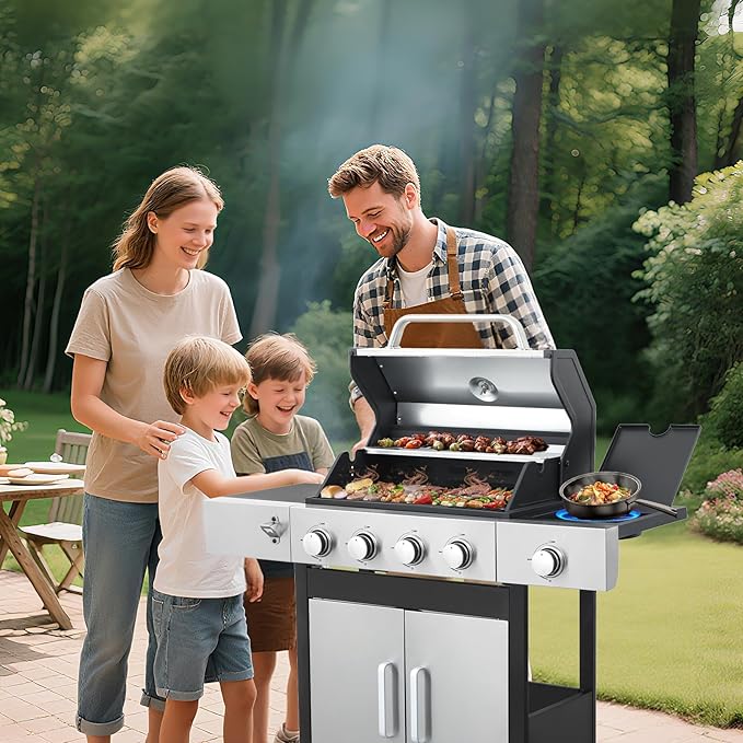 4-Burner Propane Gas BBQ Grill with Side Burner, Porcelain-Enameled Cast Iron Grates and Side Tables, 46,790 BTU Stainless Steel Grill for Outdoor Camping Barbecue Grilling Backyard Cooking