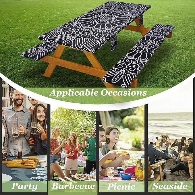 Fitted Picnic Table Cover with Bench Covers Vinyl Waterproof Elastic Edges Fitted Rectangle Tables Patio Tablecloth Camping Gear and Essentials Rv Accessories Road Trip Supplies Car Travel Must Haves