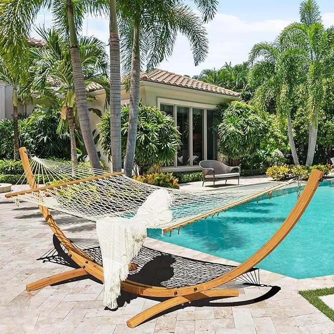 Lazy Daze Hammocks 12 FT Double Rope Hammock and 13 FT Natural Wooden Arc Stand, 2 Person Hand Woven Cotton Hammock with Spreader Bar for Outdoor Patio Poolside, 450 lb Capacity, Natural