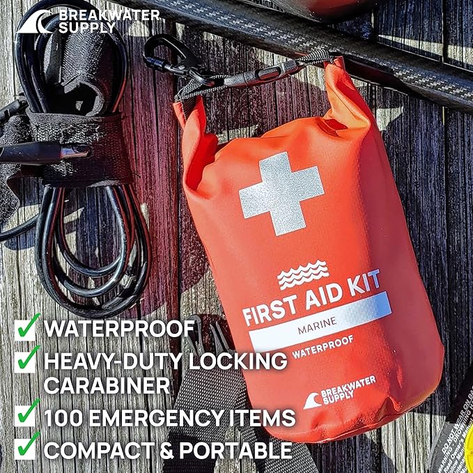Breakwater Supply™ Waterproof First Aid Kit Dry Bag Bug Out Bag Preloaded with Emergency Survival Prepper Supplies for Boating, Camping, Fishing + Carabiner, Floating, Reflective, AFAK/IFAK Trauma Kit