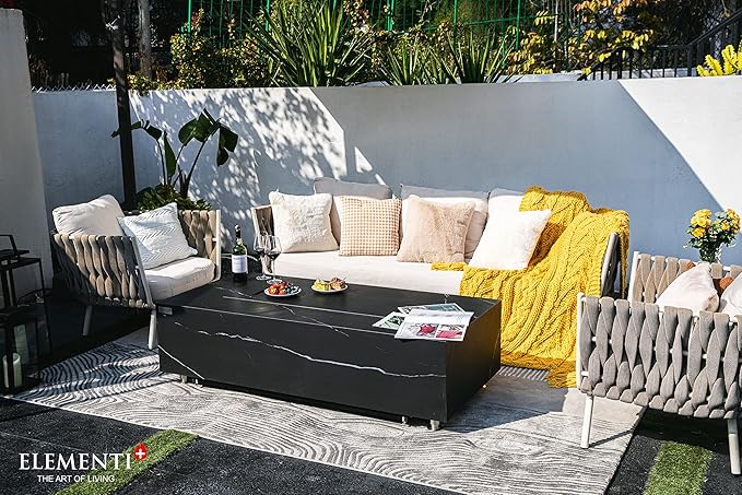 Elementi+ | Varna Gas Fire Pit | Marble Porcelain & Metal Frame | 60" Rectangular Fire Table | Electronic Ignition | Canvas Cover, Fire Glass & Burner Lid Included | Black | Natural Gas