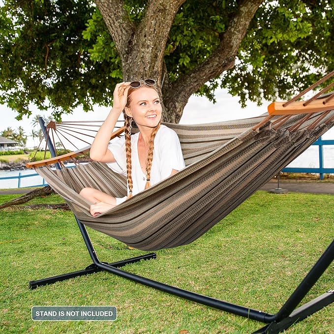 SUNCREAT Hammocks Double Hammock with Curved Spreader Bar, Outdoor Camping Portable Hammock with Carrying Bag & Tree Straps for Patio, Backyard, Balcony, Max 450lbs Capacity, Brown