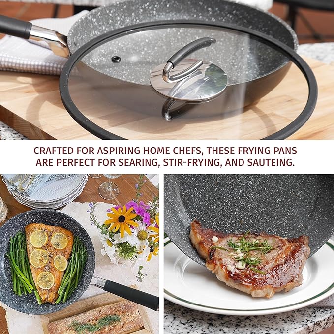 DaTerra Cucina Nonstick Pan Bundle – 9.5" & 11" Ceramic Cooking Pans Nonstick w/Lid - Oven Proof Frying Pan - Induction, Gas, & Electric Cooktops Friendly – Volcanic Black Speckled – Made in Italy