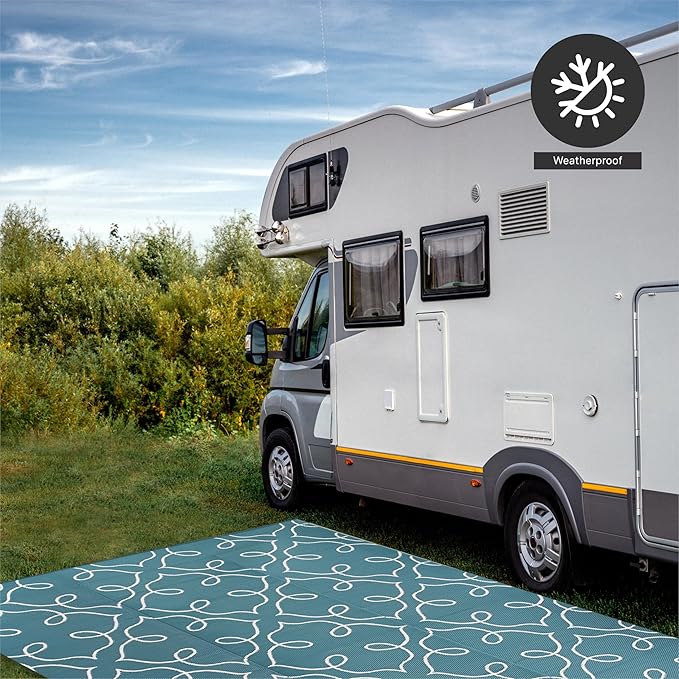 FH Home Outdoor Camping Rug - Waterproof, Fade Resistant, Reversible - Premium Recycled Plastic - Moroccan Lattice Tile - Large Patio, Deck, Sunroom, RV - Syracuse - Sea Green - 9 x 12 ft Foldable