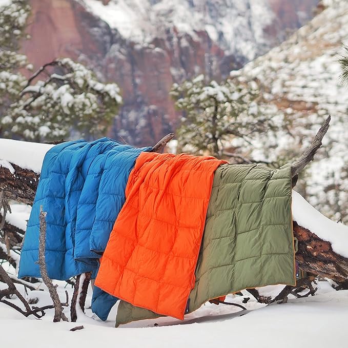 Double Puffy Camping Blanket - Extra Puffy, Packable, Lightweight and Warm | Ideal for Outdoors, Travel, Stadium, Festivals, Beach, Hammock | Water-Resistant Camp Quilt (Olive/Orange)