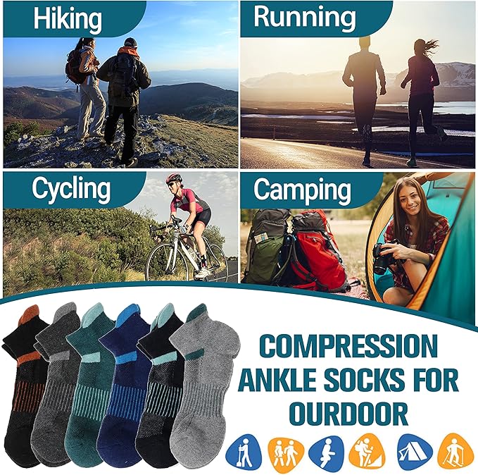 6 Pairs Merino Wool Ankle Running Hiking Socks Compression Support Breathable Thick Cushion No Show Socks for Women Men