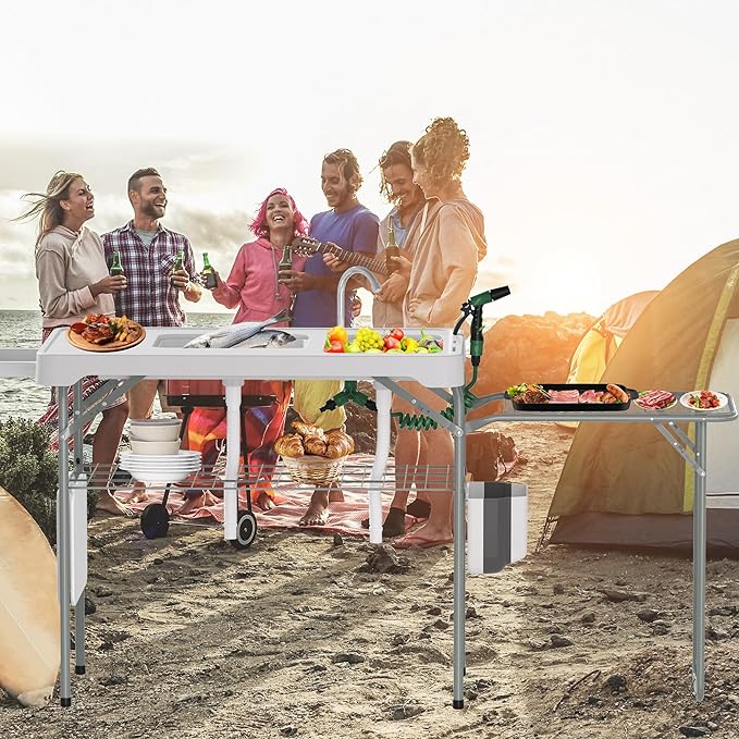 Dragosum Fish Cleaning Table, Portable Folding Camping Table with Folding Grill Extension Board, Fish Cleaning Station with Dual Sinks, Hose Hook Up