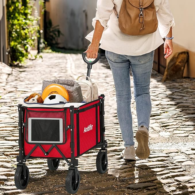 Collapsible Wagon Carts,Folding Wagon Cart with All Terrain Wheels,Heavy Duty Garden Carts with Adjustable Handle,Outdoor Utility Wagon for Camping Shopping Sports Fishing(Red)