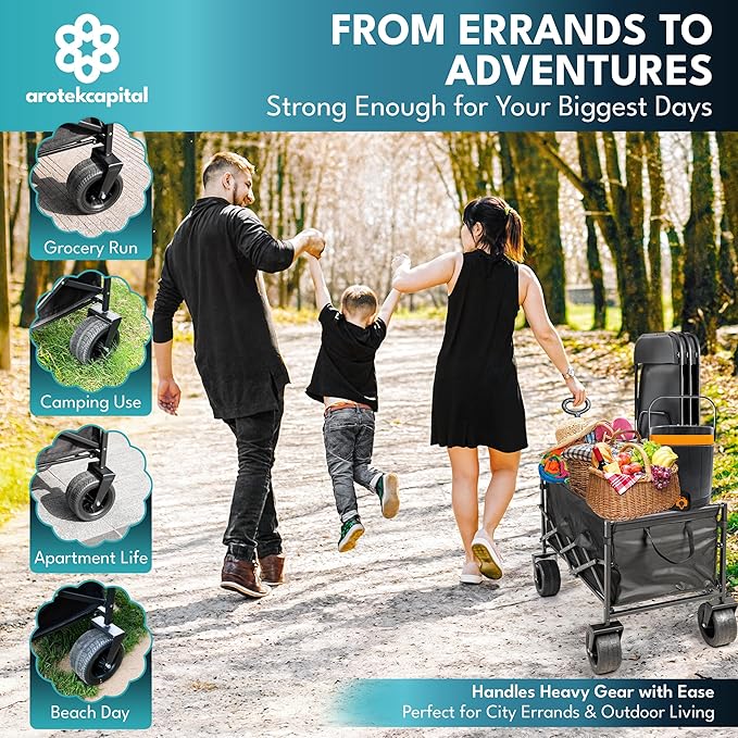 Collapsible Foldable Wagon Cart, 440lbs Heavy Duty Utility Wagon with All-Terrain Wheels, Folding Outdoor Cart with Brakes for Beach, Sports, Camping, Garden, Shopping โ Black