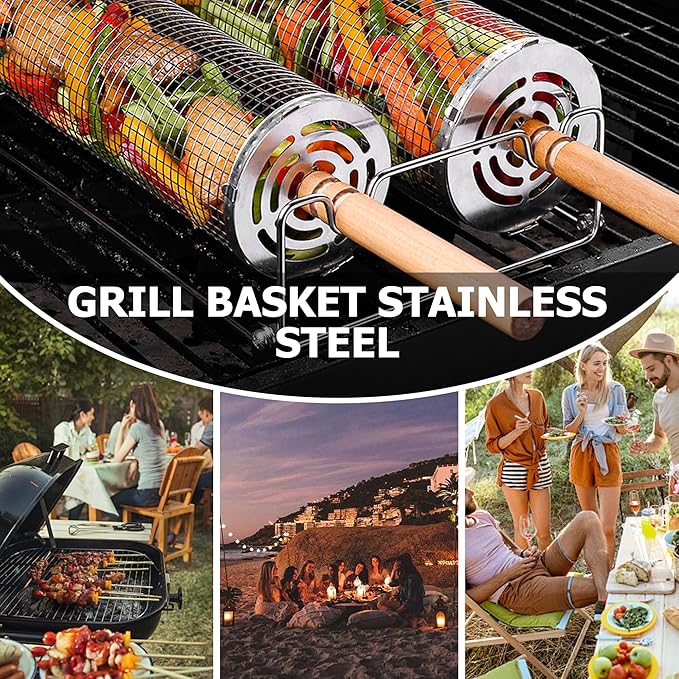 Rolling Grilling Baskets for Outdoor Grill Bbq Net Tube Stainless Steel Large Round Mesh Barbecue Accessories Wire Cylinder Cage Picnic Essentials Cooking Camping Basket for Veggies Vegetable Fish
