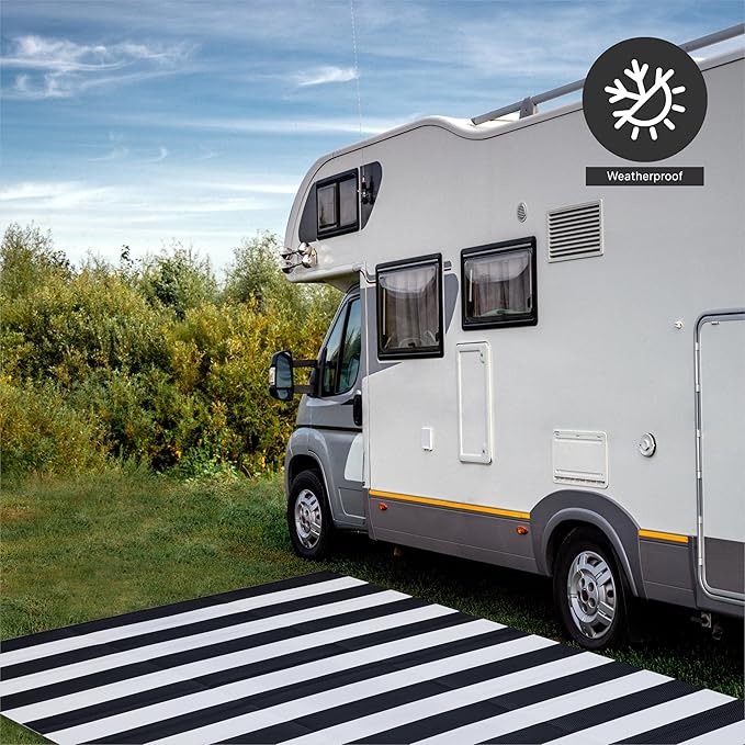 FH Home Outdoor Rug - Waterproof, Fade Resistant, Reversible - Premium Recycled Plastic - Striped - Large Patio, Deck, Sunroom, Camping, RV - Brittany Stripe - Black & White Crease Free - 5 x 8 ft