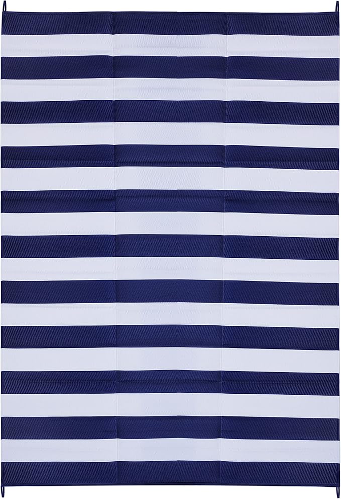 FH Home Outdoor Camping Rug - Waterproof, Fade Resistant, Reversible - Premium Recycled Plastic - Striped - Large Patio, Deck, Sunroom, RV - Brittany Stripe - Blue & White - 9 x 12 ft Foldable