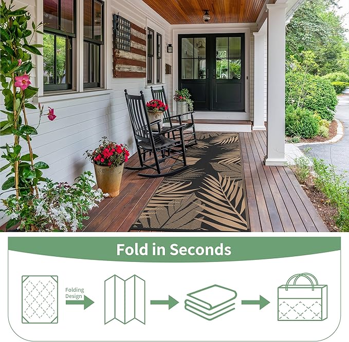 GENIMO Outdoor Rug 2.5' x 8' Waterproof for Patios Clearance, Reversible Outdoor Plastic Straw Camping Rug Carpet, Large Area Rugs Mats for RV, Camper, Deck, Balcony, Porch, Beach, Picnic, Black&Brown