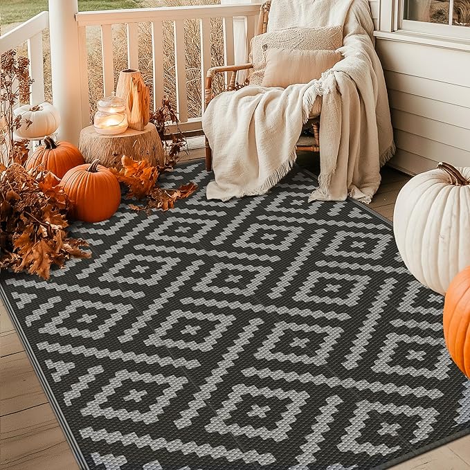 GENIMO Outdoor Rug for Patio Clearance,5'x8' Waterproof Mat,Reversible Plastic Camping Rugs,Rv,Porch,Deck,Camper,Balcony,Backyard,Black & Gray
