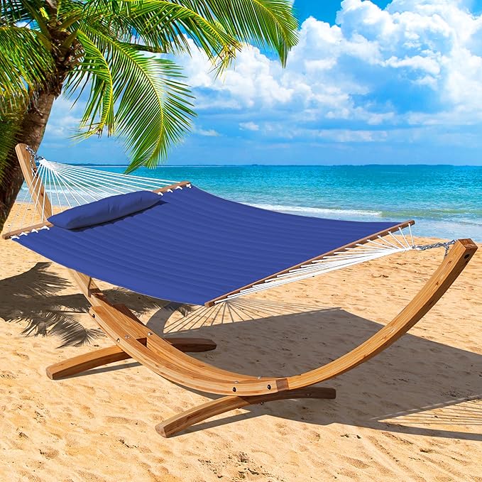 Lazy Daze Hammocks 12 FT Double Quilted Fabric Hammock and 13 FT Natural Wooden Arc Stand, with Spreader Bar, Removable Pillow, 2 Person Hammock for Outdoor Patio Poolside, 450 lb Capacity, Navy Blue