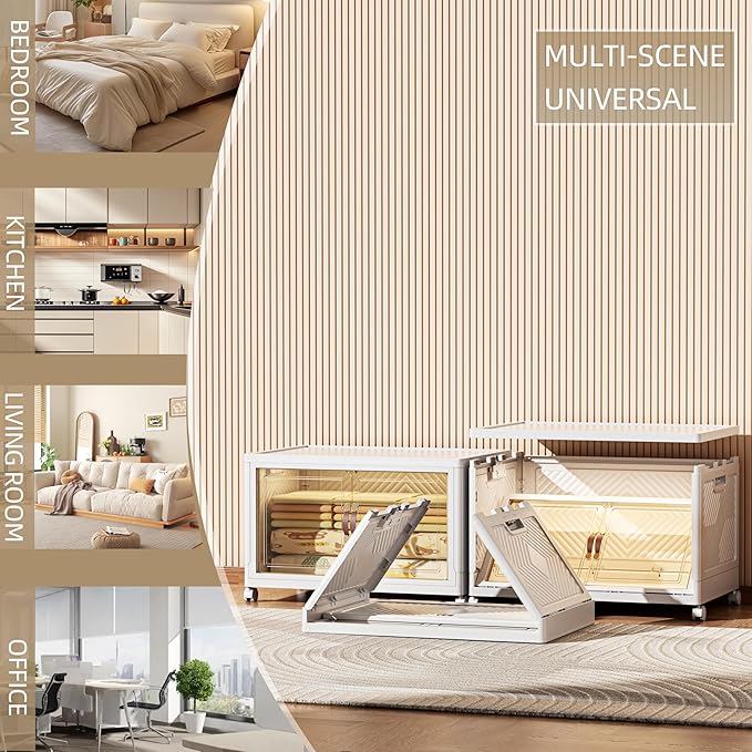 104 QT / 26 Gal Stackable Collapsible Storage Bins with Magnetic Doors & Wheels - Space-Saving Plastic Organizer Cabinet for Closet, Office, Home (White)