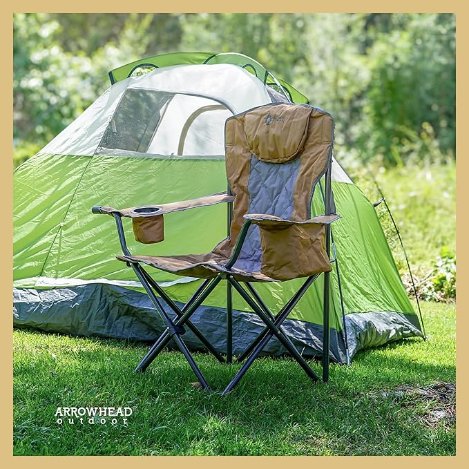 ARROWHEAD OUTDOOR Portable Folding Camping Quad Chair w/ 6-Can Cooler, Cup & Wine Glass Holders, Heavy-Duty Carrying Bag, Padded Armrests, Headrest & Seat, Supports up to 550lbs, USA-Based Support