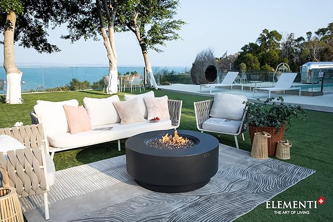 Elementi+ | Nimes Gas Fire Pit Cast Concrete 40" Dia. Round Fire Table, Outdoor Fire Pit Electronic Ignition | Canvas Cover, Fire Glass and Burner Lid Included | Dark Gray | Propane Gas