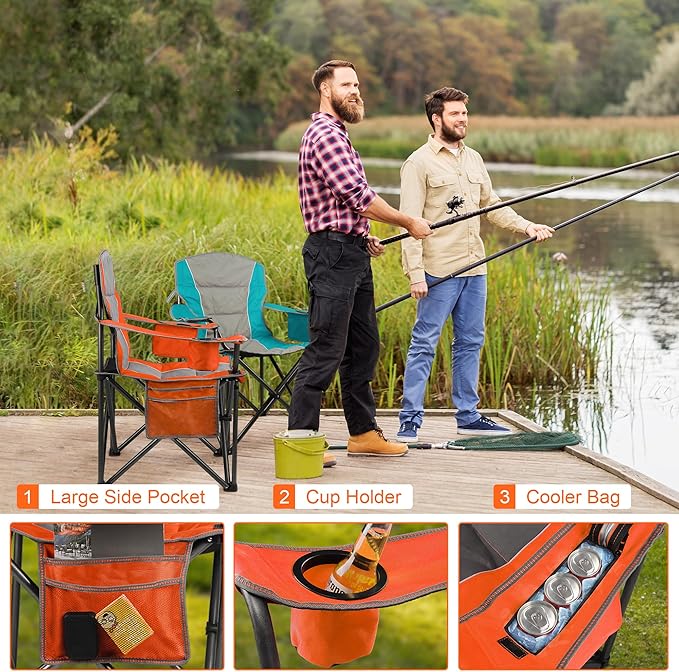 2 Pack Padded Oversized Camping Chairs for Adults,Heavy Duty Support 400 Lbs,Folding Portable Lawn Chair w/Cup Holder,Cooler Bag,Side Pocket,Perfect for Outdoor Picnic,Hiking(Orange&Blue)
