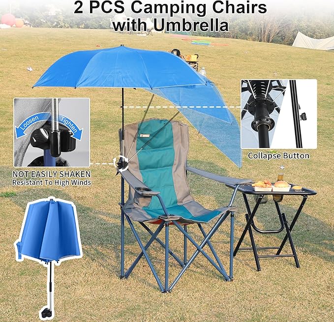 2 Pack Camping Chairs with Adjustable Umbrella-Folding Lawn Chair with American Flag Backrest-Heavy Duty Padded Camping Chair for Beach,Dark Green