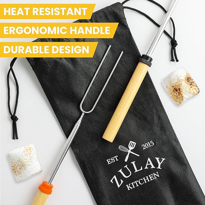 Zulay Sturdy Marshmallow Sticks for Fire Pit Extra Long - Great Smores Sticks Smores Kit Fire Pit - Marshmallow Roasting Skewers - Hot Dog Fork Bonfire Glamping Camping Accessory 32" 8 Pack Bundle