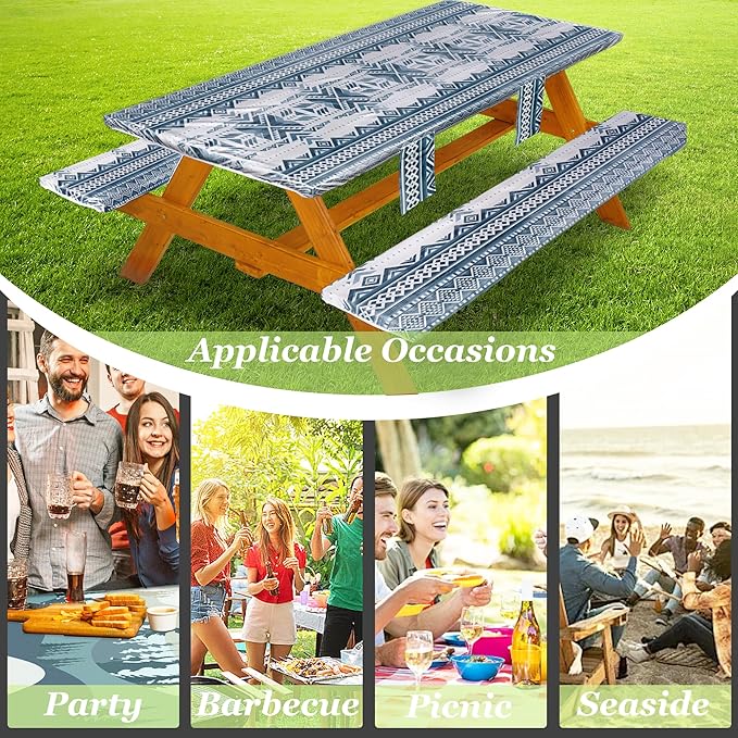 Fitted Picnic Table Cover with Bench Covers Waterproof Elastic Edges Rectangle Patio Tablecloth Outdoor Camping Essentials Stuff Rv Accessories Summer Trip Travel Camper Gifts for Woman Men, 96in 8 ft