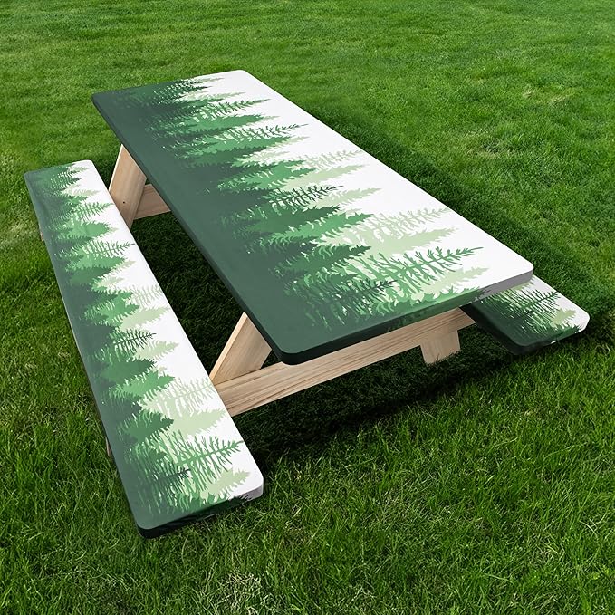 72 X 30 Inch Elastic Fitted Camping Table Cover with Bench Covers & Storage Bag, Picnic Tablecloth, Fits 6ft Picnic Tables,Washable & Reusable, Spill Resistant, Waterproof - Green Pines