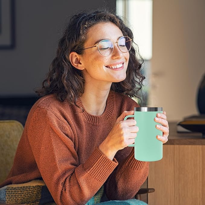 DOMICARE 24oz Mug with Handle and Lid, Stainless Steel Coffee Mug, Travel Mug with Handle, Double Wall Vacuum Coffee Tumbler, Reusable Insulated Cup, Mint Green, Pack 8