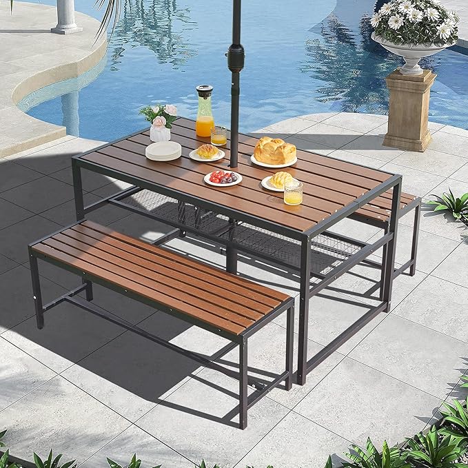 55'' Outdoor Picnic Table and Bench Set with 2" Umbrella Hole and Storage Shelf, Patio Dining Set for 6 People, Outdoor Dining Table and Chair for Garden Yard Porch- Brown