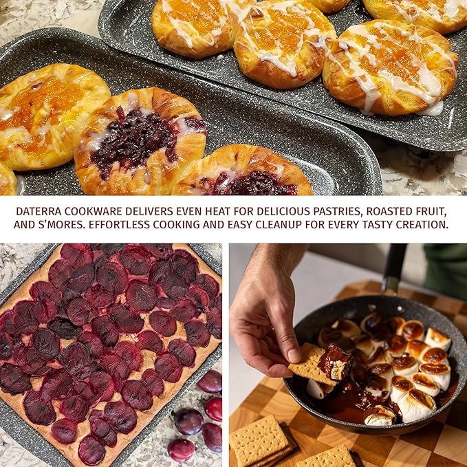 DaTerra Cucina 9.5" Non-stick Ceramic Fry Pan & Twin Baking Sheets Set – Oven Proof, Ideal for Frying, Sautéing, Roasting, and Baking, Made in Italy, Volcanic Black Speckled Design Kitchenware