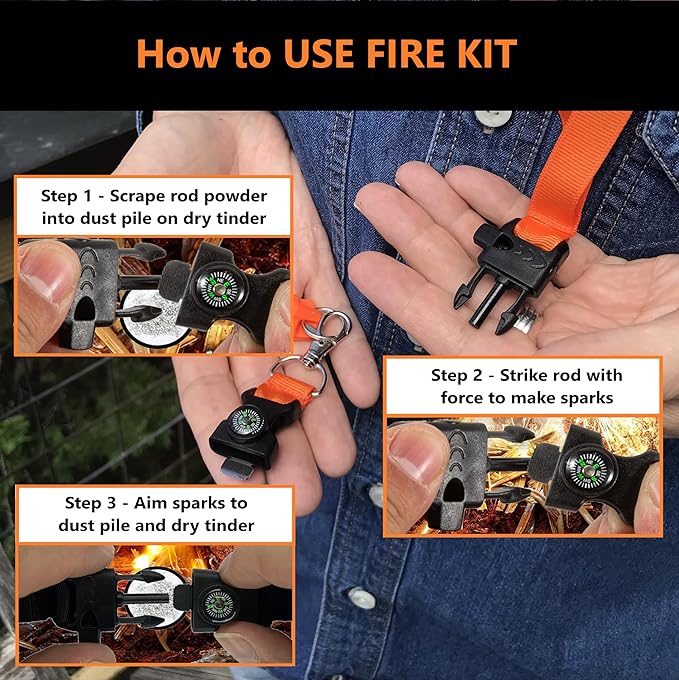 Hiking Whistle Safety Whistle with Compass, Fire Starter Survival Camping