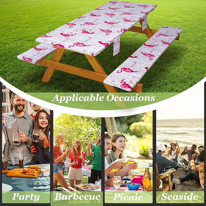 Fitted Picnic Table Cover with Bench Covers Vinyl Waterproof Elastic Edges Fitted Rectangle Tables Patio Tablecloth Camping Gear and Essentials Rv Accessories Road Trip Supplies Car Travel Must Haves