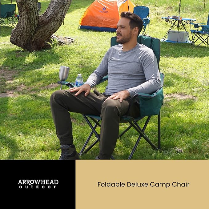 ARROWHEAD OUTDOOR 2-Pack Portable Folding Camping Quad Chair w/ 6-Can Cooler, Cup & Wine Glass Holders, Heavy-Duty Carrying Bag, Padded Armrests, Headrest & Seat, Supports up to 550lbs