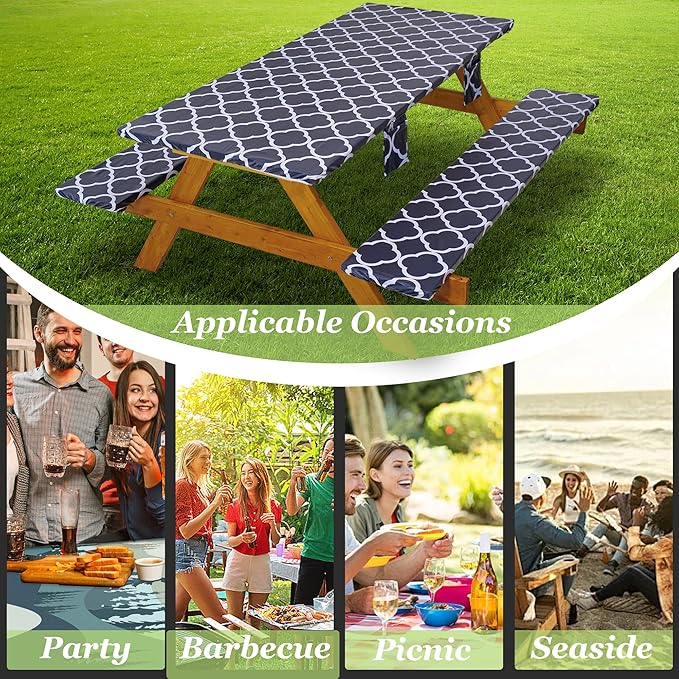 Fitted Picnic Table Cover with Bench Covers Waterproof Elastic Edges Rectangle Patio Tablecloth Outdoor Camping Essentials Stuff Rv Accessories Summer Trip Travel Supplies Party Camper Gifts, 8 ft