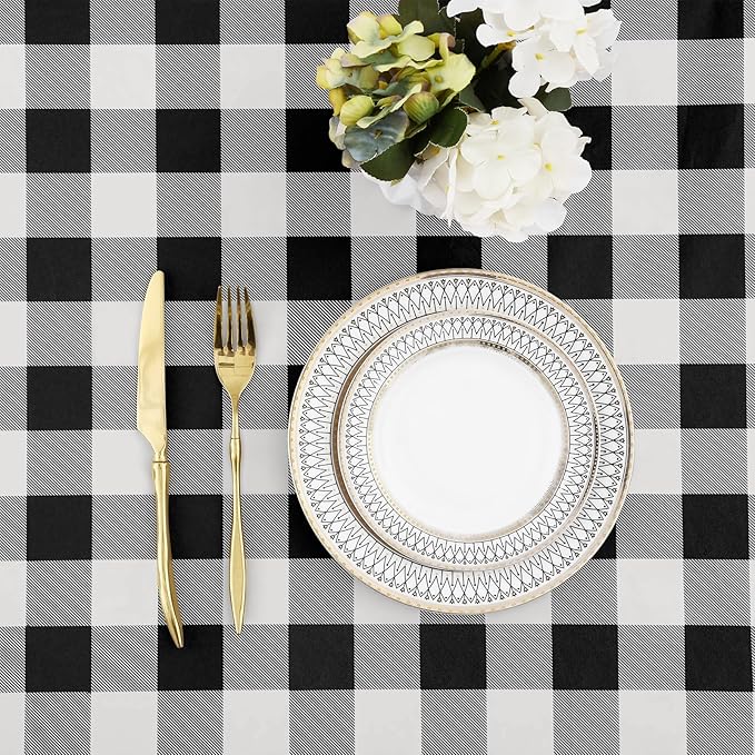misaya Buffalo Rectangle Picnic Tablecloth, 6 Foot Elastic Fitted Vinyl Table Cloth with Flannel Backing, Waterproof Plaid Table Covers for Dining, Camping, Outdoor (Black and White, 30" x 72")