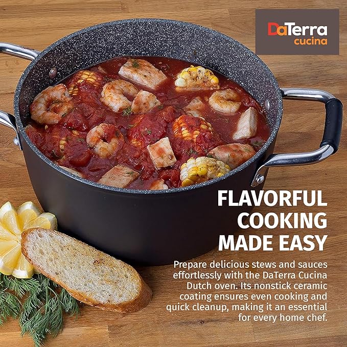 DaTerra Cucina - 5 Qt Nonstick Ceramic Dutch Oven Pot with Lid – Lightweight Nonstick Pot with Dual Handles, Perfect for Soup, Pasta, Sautéing, Searing, Induction & Stovetop Safe - Black