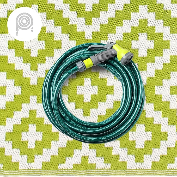 FH Home Outdoor Rug - Waterproof, Fade Resistant, Reversible - Premium Recycled Plastic - Geometric - Patio, Deck, Porch, Balcony, Laundry Room - Aztec - Green & White Crease Free - 4 x 6 ft