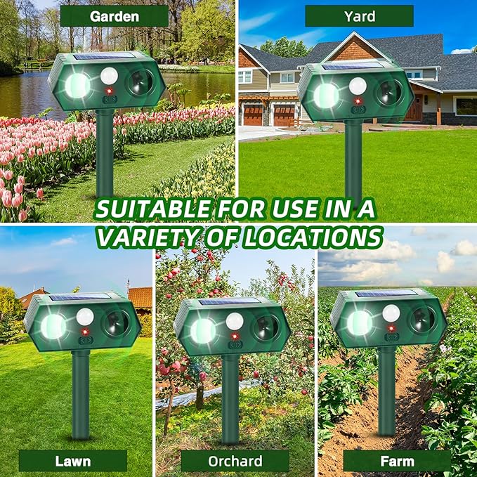 2Pack Solar Ultrasonic Animal Repellent Outdoor Cat Solar Animal Repeller with Motion Sensor&LED Flashlight Deer Repellent Devices to Scare Raccon Fox Rabbit Squirrel Skunk Repellent for Yard